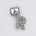 Stainless steel Italian modular bracelet charm with a crystal-encrusted letter R pendant - Letter R / 1 Piece