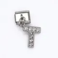 Stainless steel Italian modular bracelet link with crystal-encrusted letter T dangle - Letter T / 1 Piece