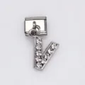 Stainless steel Italian modular bracelet charm with dangling rhinestone letter V - Letter V / 1 Piece