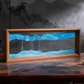 Vue détaillée de l'art du sable mouvant 3D dans un cadre en bois rectangulaire décoratif - 43.8x14.5x4cm / Bleu Et Vert