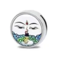 Round silver metallic charm bead featuring Buddha eye motif for DIY jewelry and bracelet making - Buddha Eye Symbol Style (B-050)
