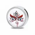 Round DIY jewelry bead with stylized three-eyed deity face pattern in red and white - Three-Eyed Mask Style (E-002)