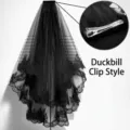 Schwarzer Brautschleier mit Wimpernspitze und Krokodilklemmen-Befestigung - Doppellagig mit Clip-Stil (T204) / Schwarz