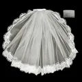 Elegante velo de novia corto blanco con encaje de pestañas y juego de peine para pelo - Solo Velo / 35cm / Blanco Puro