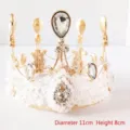 Detailed view of handmade lace and crystal beads on the golden wedding crown - Small Style / Diameter 11cm Height 8cm / Champagne Gold