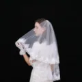 Double-layered bridal veil with delicate white lace embroidery and matching gloves - 80cm / White