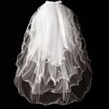 Detailed view of a four-layer short bridal veil featuring delicate pearls and curly edges - Pearl Bowknot Style (T414) / 80cm Strand / 4 Tiers