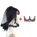 Velo de novia negro gótico y conjunto de corona vintage para Halloween o bodas temáticas - Set De Velo Y Corona / 35cm / Negro