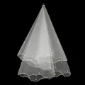 Elegant white double-layer bridal veil with scalloped edges and pearl accents - White (Hemmed Beaded)