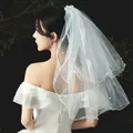 Elegant multi-layer short bridal veil with delicate pearl accents for a minimalist wedding - White with Pearls