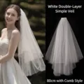 Elegant 80cm white double-layer bridal wedding veil with secure hair comb attachment - Double Layer Plain Tulle / 70cm (With Hair Comb) / White