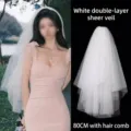 80cm elegant white double-layer bridal veil with hair comb for professional wedding styling - Double Layer Puffy Style / 80cm (With Hair Comb) / White