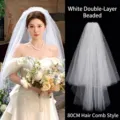 Elegante velo da sposa bianco a doppio strato da 80 cm con perline e pettine per capelli - Doppio Strato Gonfio Perline