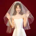 Elegant short white bridal veil with a multi-layer tulle design for wedding photos - Beige