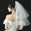 Elegant white short bridal veil with pearls for wedding photos and marriage registration. - White with Pearls