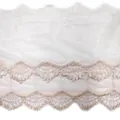 Detail view of double-layered off-white cotton lace trim with scalloped mesh embroidery - Beige