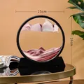 Rundes 3D bewegliches Sandkunst-Tischornament mit rosa Berglandschaft, 25x26 cm - 12 Zoll / Schwarzer Rahmen Kaffee