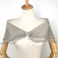Elegant grey three-layer bubble gauze bridal shawl shrug with rhinestone bow buckle - Gray