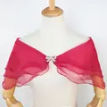 Elegant red 3-layer chiffon bridal shawl wrap with sparkling rhinestone bow clasp - Burgundy