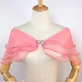 Pink three-layer ruffled bridal shawl wrap with rhinestone bow clasp - Watermelon red