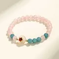 Bracciale in quarzo rosa naturale e agata blu con elegante perla floreale bianca - Bracciale con Perla Principale Fiore di Prugno / Rosa Quarzo Rosa Agata Ciano