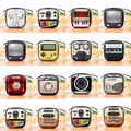 Grid display of tin coin purses with retro patterns like cameras and radios - Camera Series