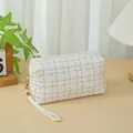 Elegant white and gold tweed square makeup bag with zipper and convenient wrist strap - White