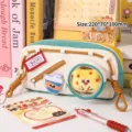 Large capacity oxford cloth pencil case with drawstring and cute patches - Milk Tea Bear