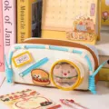 High-capacity hamburger-style pencil case featuring clear window and blue drawstring - Burger Bear