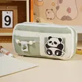 Süßes salbeigrünes Federmäppchen aus Segeltuch mit großem Fassungsvermögen und Panda - Klettverschluss-Tasche-Grüner Panda / Bohnengrün