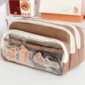 Große transparente Mehrschicht-Federtasche in Braun mit süßem Capybara-Muster - 215x125x95mm / Kaffeebraun