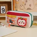 Große Kapazität mehrlagige Federmappe aus Segeltuch mit Apfel-Aufnäher und Capybara-Thema - Klettverschluss-Federmäppchen / Roter Apfel