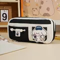 Große Kapazität Leinwand-Federtasche in Schwarz-Weiß mit süßem Cartoon-Hund-Patch - Schwarzer Welpe