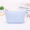 Minimalistische blau-weiß karierte Kosmetiktasche mit sicherem silbernem Reißverschluss - Blau Weiß Kariert