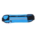 Close-up detail view of a blue sports waist bag featuring earphone jack and reflective strip - Blue