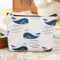 Vintage small cotton linen coin purse featuring blue whale prints and a durable zipper - Whale
