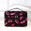 Grote zwarte cosmetische tas voor dames met een stijlvol roze lippenprint patroon - Zwart Met Lippen
