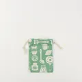 Green linen drawstring storage pouch with white kitchenware patterns - Green Tableware / S