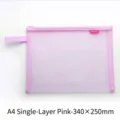 Pink A4 single-layer mesh document bag with zipper, 340x250mm size for office storage - Single Layer / A4 / Pink