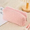 Grande trousse à maquillage en peluche sherpa rose pour voyage et rangement quotidien - Rose