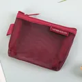 Compact burgundy nylon mesh coin purse with zipper closure and brand tag - Wine Red (HR-556 Triangle)