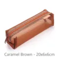 Minimalistische karamelbruine mesh pennenzak met ritssluiting, afmeting 20x6x6cm - Groot Vierkant (20x6x6cm) / Karamelbruin