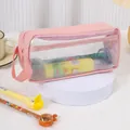Estuche rosa transparente de gran capacidad para estudiantes bolsa de papelería minimalista - Rosa