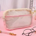 Roze 3-laags transparante mesh etui met grote capaciteit van duurzaam PVC-materiaal - Roze