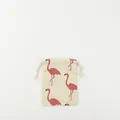 Cotton-linen drawstring pouch with pink flamingo print for travel storage essentials - White Flamingo / S