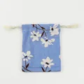 Blue floral cotton linen drawstring pouch for jewelry and small item storage - Blue Narcissus / S