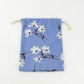 Light blue cotton linen drawstring pouch with elegant white floral print pattern - Blue Narcissus / M