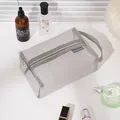 Grey minimalist nylon mesh cosmetic bag with zipper and side handle for travel toiletries - Extra Large Square (Handle Style) / Gray