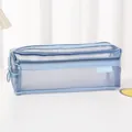 Blauwe dubbellaagse mesh pennenzak met minimalistisch transparant ontwerp en ritsen - Dubbellaags grote capaciteit / Stoffig Blauw