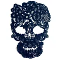 Detailed view of an intricate black skull lace embroidery patch with floral motifs - Dark Blue